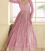 Purple embroidered viscose jacquard semi stitched anarkali suit