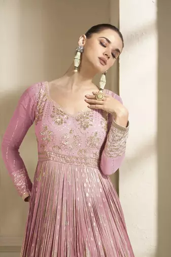 Purple embroidered viscose jacquard anarkali suit