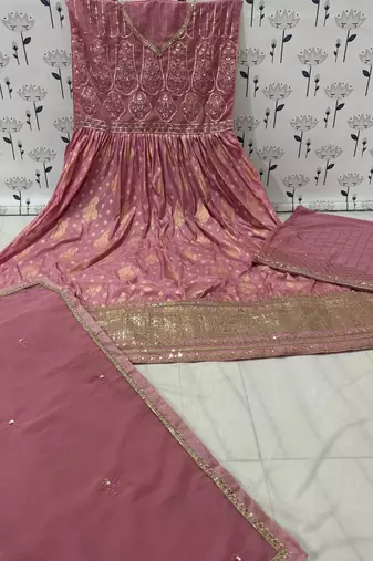 Purple embroidered viscose jacquard anarkali suit