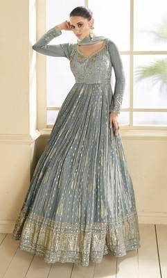 Grey embroidered viscose jacquard anarkali suit 1