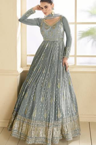Grey embroidered viscose jacquard semi stitched anarkali suit