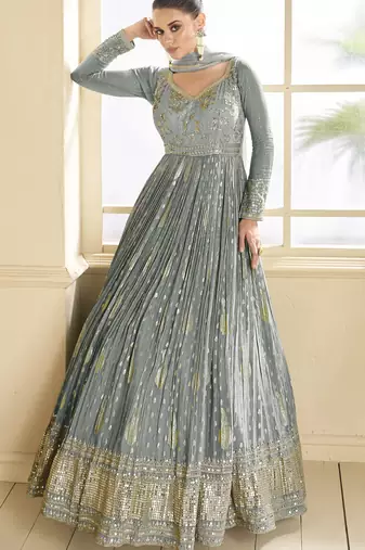 Grey embroidered viscose jacquard semi stitched anarkali suit