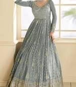 Grey embroidered viscose jacquard semi stitched anarkali suit