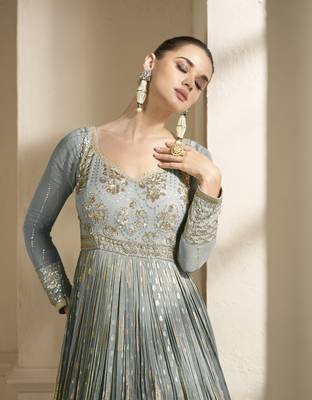 Grey embroidered viscose jacquard anarkali suit 2