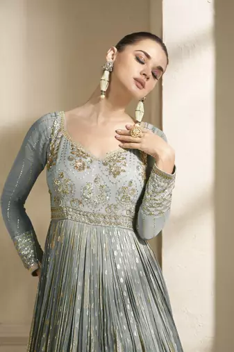 Grey embroidered viscose jacquard anarkali suit