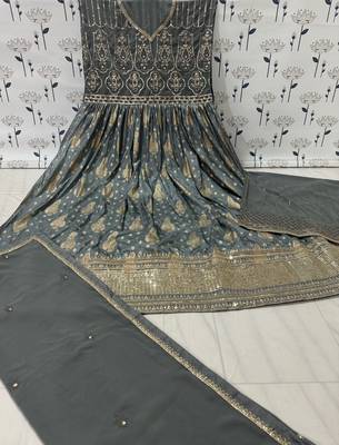 Grey embroidered viscose jacquard anarkali suit 3