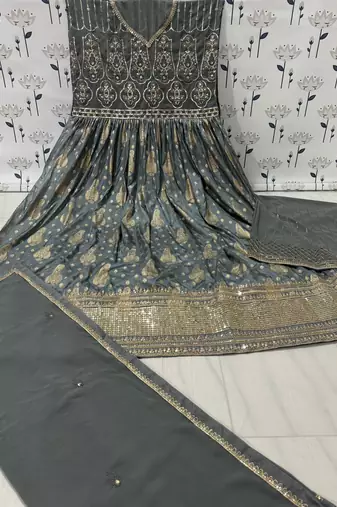 Grey embroidered viscose jacquard anarkali suit