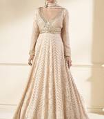 Cream embroidered viscose jacquard semi stitched anarkali suit
