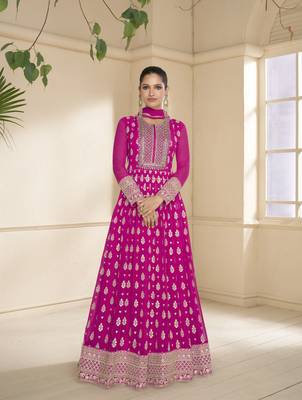 Pink embroidered viscose jacquard anarkali suit 1