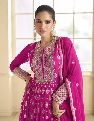Pink embroidered viscose jacquard anarkali suit 2