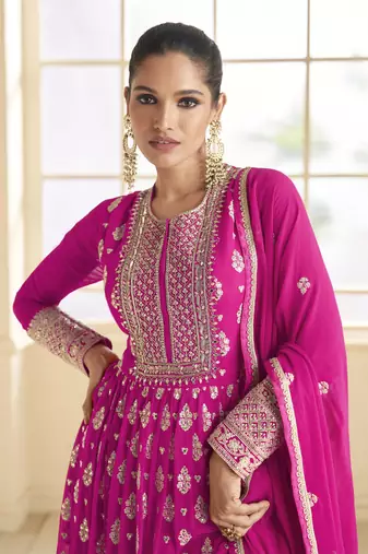 Pink embroidered viscose jacquard anarkali suit