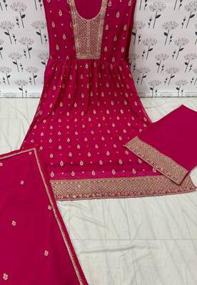 Pink embroidered viscose jacquard anarkali suit 3