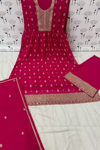 Pink embroidered viscose jacquard anarkali suit