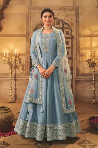 Sky Embroidered Dola Silk Semi-Stitched Anarkali Suit