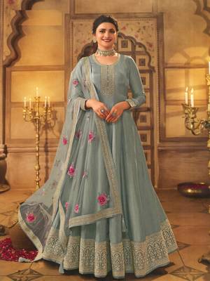 Grey Embroidered Dola Silk Semi-Stitched Anarkali Suit 1