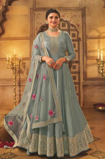 Grey Embroidered Dola Silk Semi-Stitched Anarkali Suit