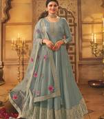 Grey Embroidered Dola Silk Semi-Stitched Anarkali Suit
