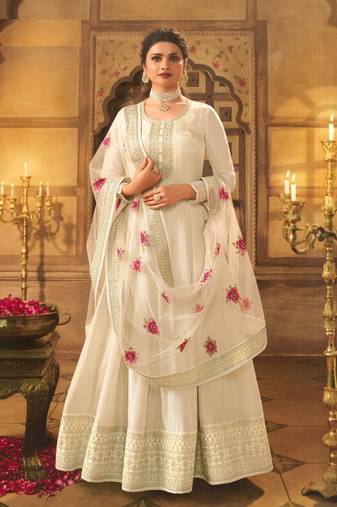 Cream Embroidered Dola Silk Semi-Stitched Anarkali Suit