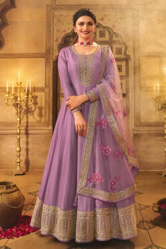 Violet Embroidered Dola Silk Semi-Stitched Anarkali Suit