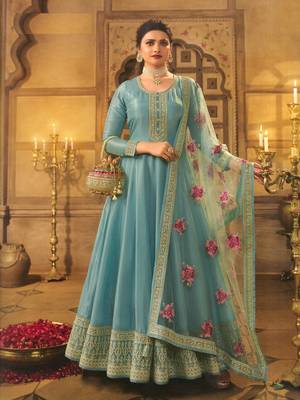 Mint Green Embroidered Dola Silk Semi-Stitched Anarkali Suit 1