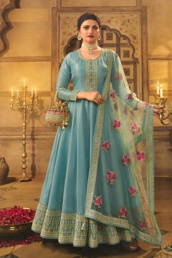 Mint Green Embroidered Dola Silk Semi-Stitched Anarkali Suit