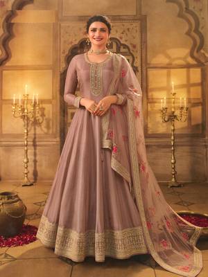 Mauve Embroidered Dola Silk Semi-Stitched Anarkali Suit 1