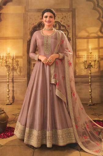 Mauve Embroidered Dola Silk Semi-Stitched Anarkali Suit