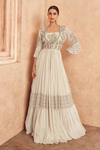 Cream Embroidered Georgette Semi-Stitched Gharara Choli With Jacket