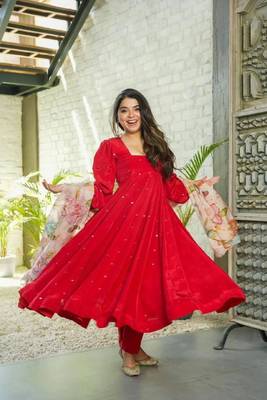 Women full flared georgette mirror work gown with organza dupatta set 1