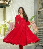 Women full flared georgette mirror work gown with organza dupatta set