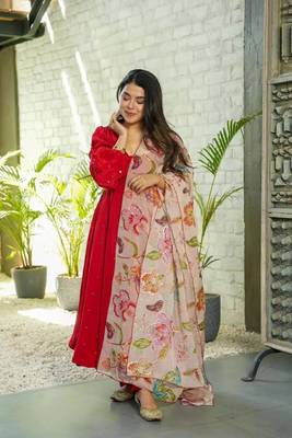 Women full flared georgette mirror work gown with organza dupatta set 2