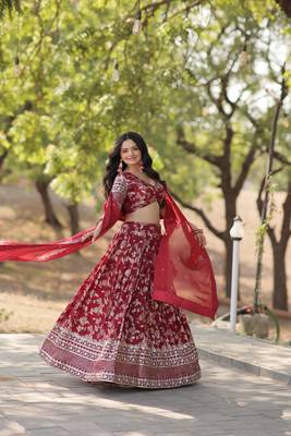 WOMEN'S MAROON VISCOSE JACQUARD WITH EMBROIDERED SEQUINS WORK LEHENGA CHOLI 3