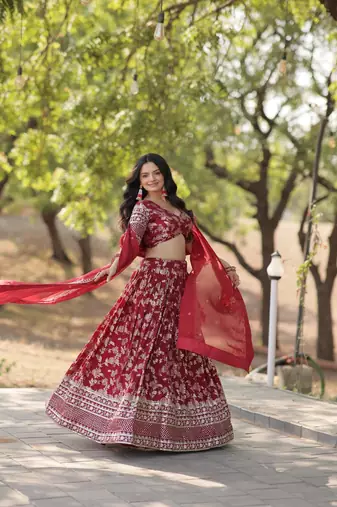 WOMEN'S MAROON VISCOSE JACQUARD WITH EMBROIDERED SEQUINS WORK LEHENGA CHOLI
