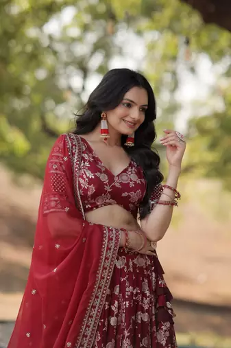 WOMEN'S MAROON VISCOSE JACQUARD WITH EMBROIDERED SEQUINS WORK LEHENGA CHOLI