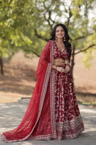 WOMEN'S MAROON VISCOSE JACQUARD WITH EMBROIDERED SEQUINS WORK LEHENGA CHOLI