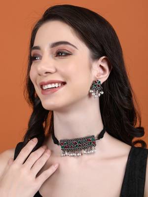 Elegant oxidised red and grey necklace set for women and girls 1