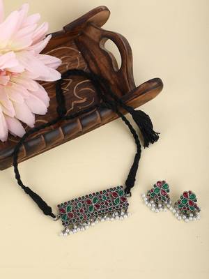 Elegant oxidised red and grey necklace set for women and girls 2