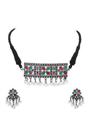Elegant oxidised red and grey necklace set for women and girls 3