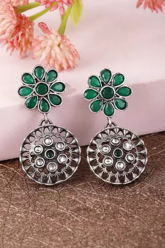 Elegant oxidised green and grey earring set for women and girls