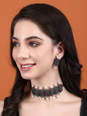 Elegant oxidised red and grey necklace set for women and girls 1