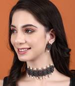 Elegant oxidised red and grey necklace set for women and girls