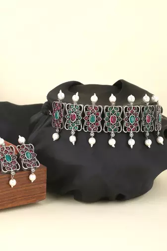 Elegant oxidised red and grey necklace set for women and girls