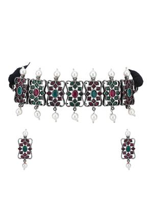 Elegant oxidised red and grey necklace set for women and girls 3