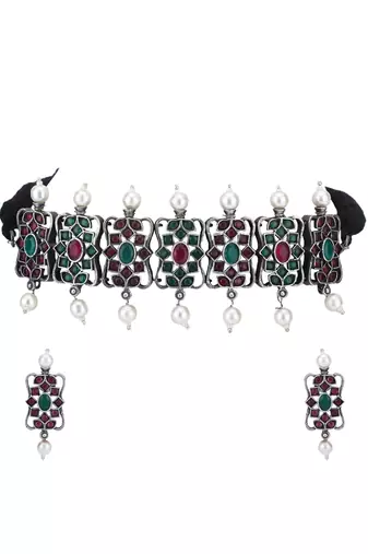 Elegant oxidised red and grey necklace set for women and girls