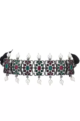 Elegant oxidised red and grey necklace set for women and girls