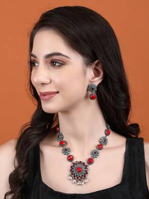 Elegant oxidised red necklace set for women and girls 1