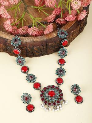 Elegant oxidised red necklace set for women and girls 2