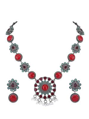 Elegant oxidised red necklace set for women and girls 3