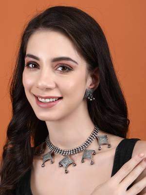 Elegant oxidised grey necklace set for women and girls 1