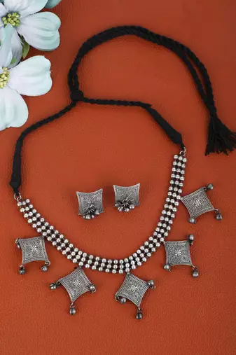 Elegant oxidised grey necklace set for women and girls